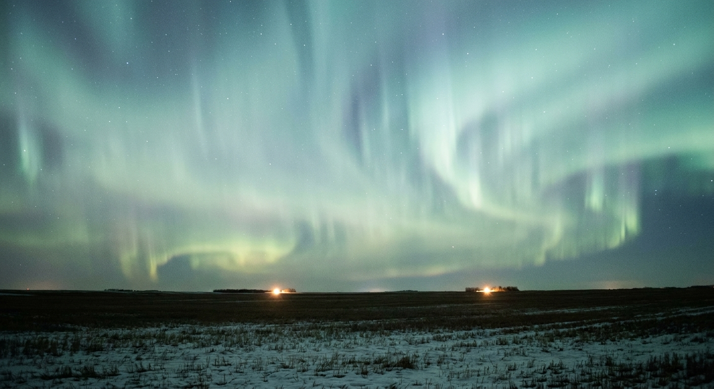 A pale green and blue aurora over a dark prairie horizon, a few distant farm lights below