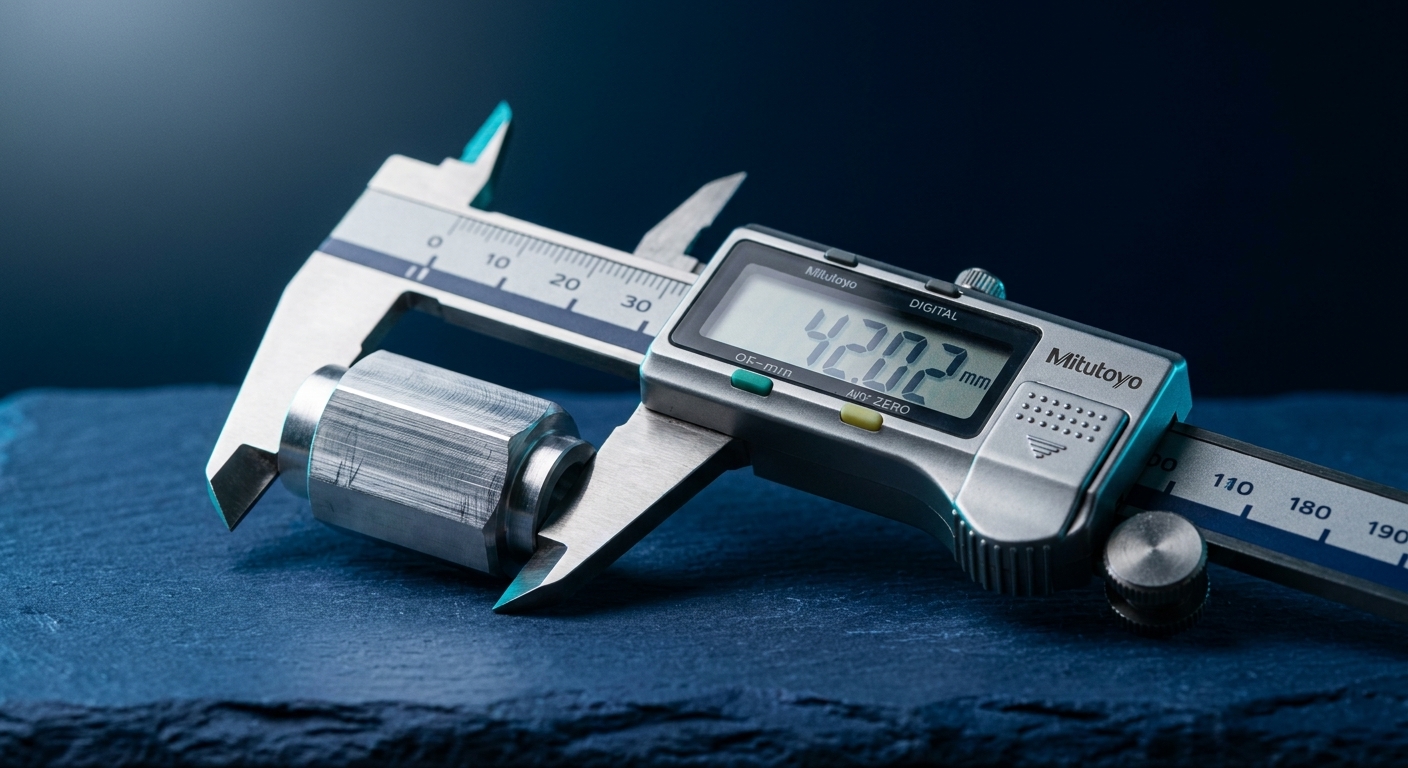 A digital caliper closed on a machined steel part, mid-measurement, in cool blue light