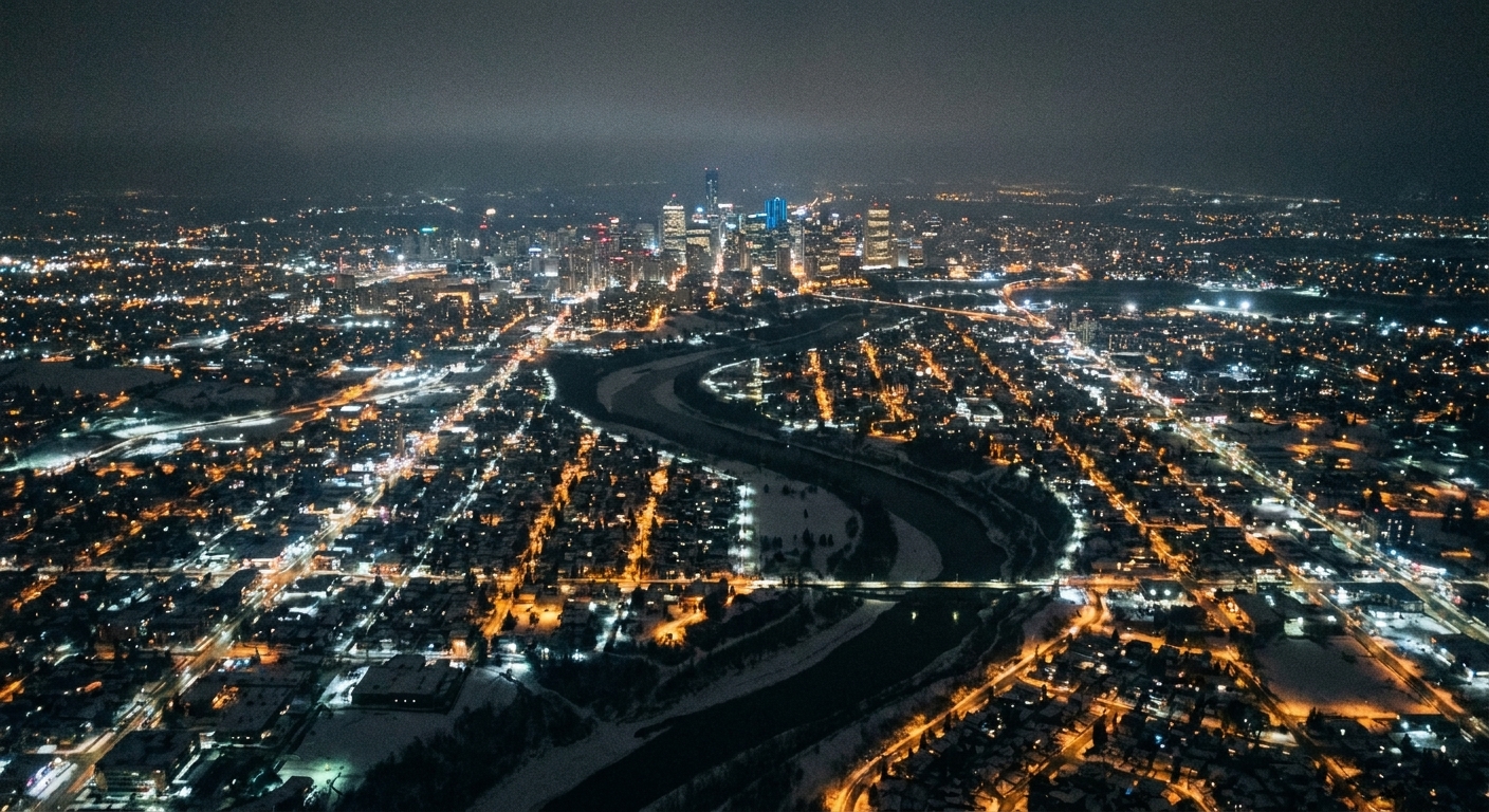 Edmonton from the air at night, the street grid glowing as thousands of points of light