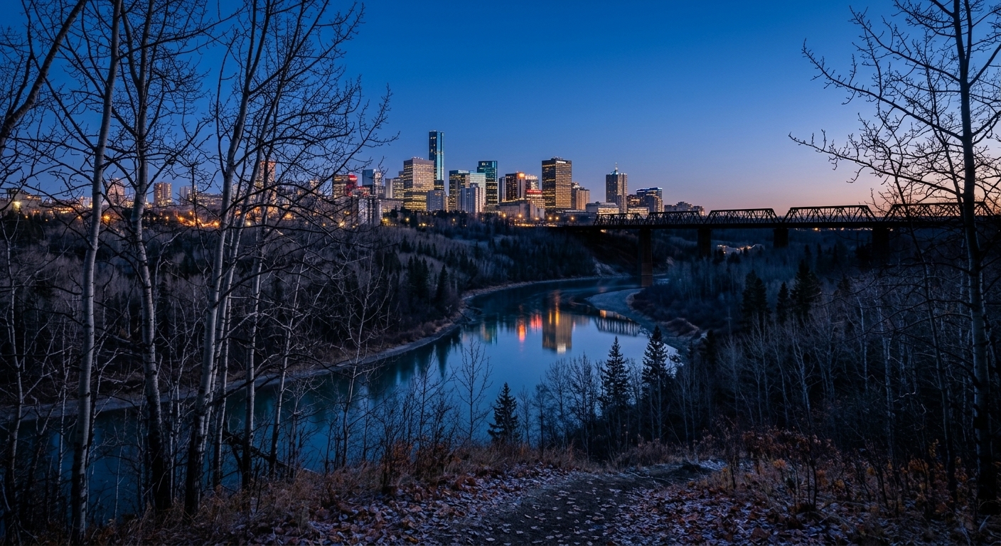The North Saskatchewan river valley at blue hour, downtown Edmonton glowing beyond the trees