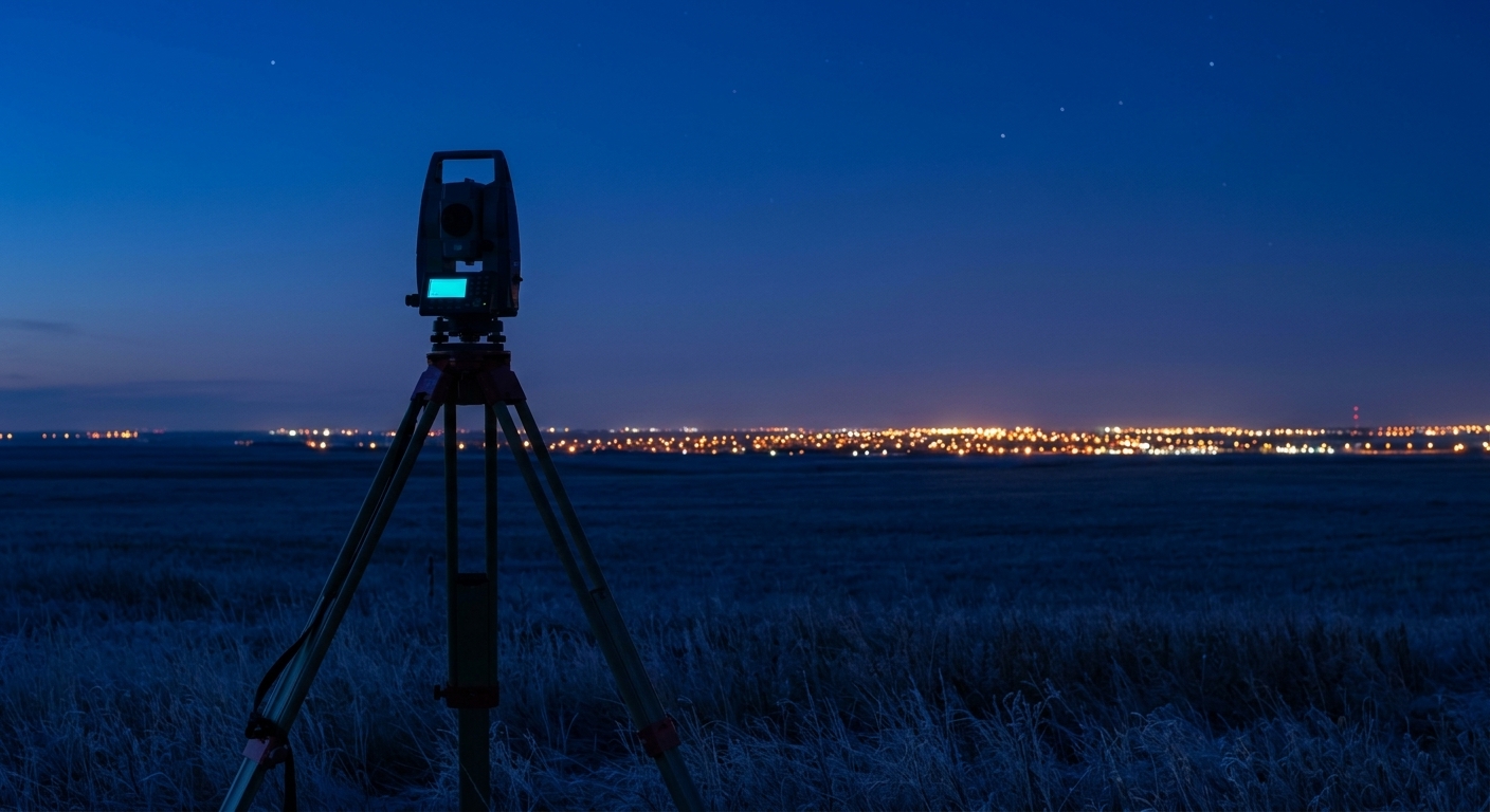 A surveyor's total station on a tripod, silhouetted on the prairie at blue hour, Edmonton's lights on the horizon
